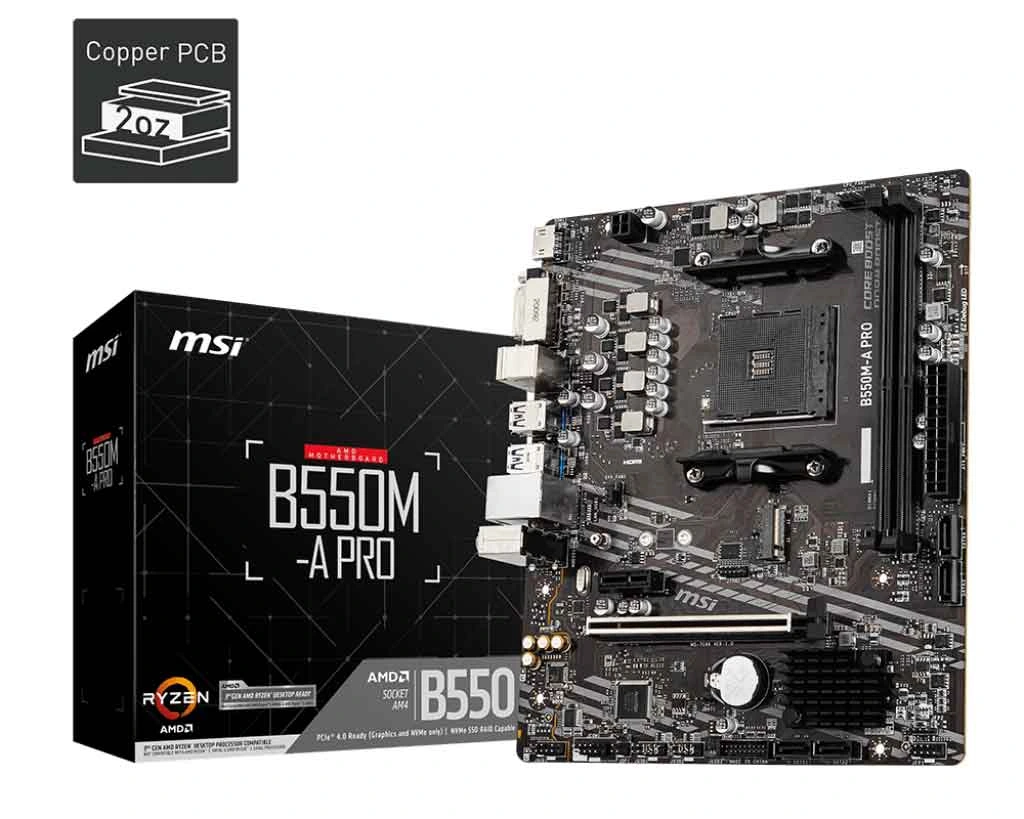 MSI B550M-A PRO motherboard in Bangladesh showing AM4 socket, B550 chipset, PCIe 4.0 x16 slot and M.2 NVMe support – best budget B550 price in BD