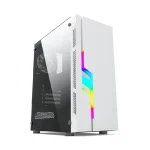OVO JX188-7 white RGB mid tower gaming case with tempered glass panel and ATX motherboard support.
