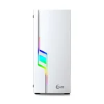 OVO JX188-7 white RGB mid tower gaming case with tempered glass panel and ATX motherboard support.