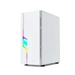 OVO JX188-7 white RGB mid tower gaming case with tempered glass panel and ATX motherboard support.