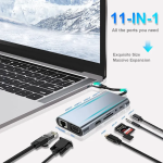 Type-C to HDTV 11-in-1 USB-C Docking Station Adapter with HDMI, VGA, RJ45, Type C PD, USB3.0, Ethernet PD Charging, SD TF Card Reader, SD/TF Card Reader, 3.5mm AUX available at Tech Moon BD Bangladesh