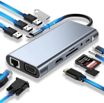 Type-C to HDTV 11-in-1 USB-C Docking Station Adapter with HDMI, VGA, RJ45, Type C PD, USB3.0, Ethernet PD Charging, SD TF Card Reader, SD/TF Card Reader, 3.5mm AUX available at Tech Moon BD Bangladesh