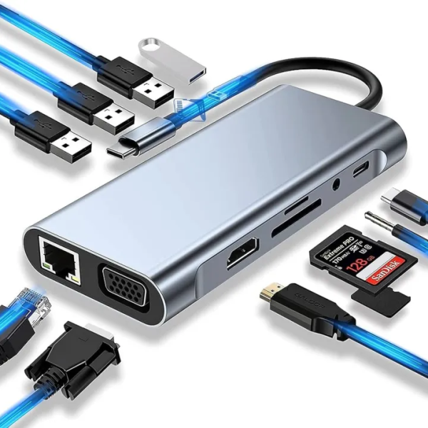 Type-C to HDTV 11-in-1 USB-C Docking Station Adapter with HDMI, VGA, RJ45, Type C PD, USB3.0, Ethernet PD Charging, SD TF Card Reader, SD/TF Card Reader, 3.5mm AUX available at Tech Moon BD Bangladesh